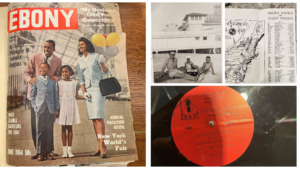 Ebony magazine cover, record, map, family on the beach