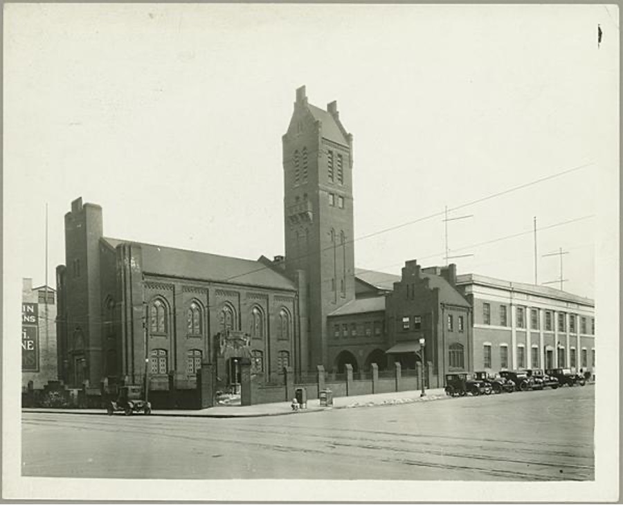 Old photo of church with spire